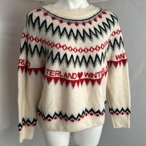 H&M off white soft jacquard wool blend knit crew neck sweater